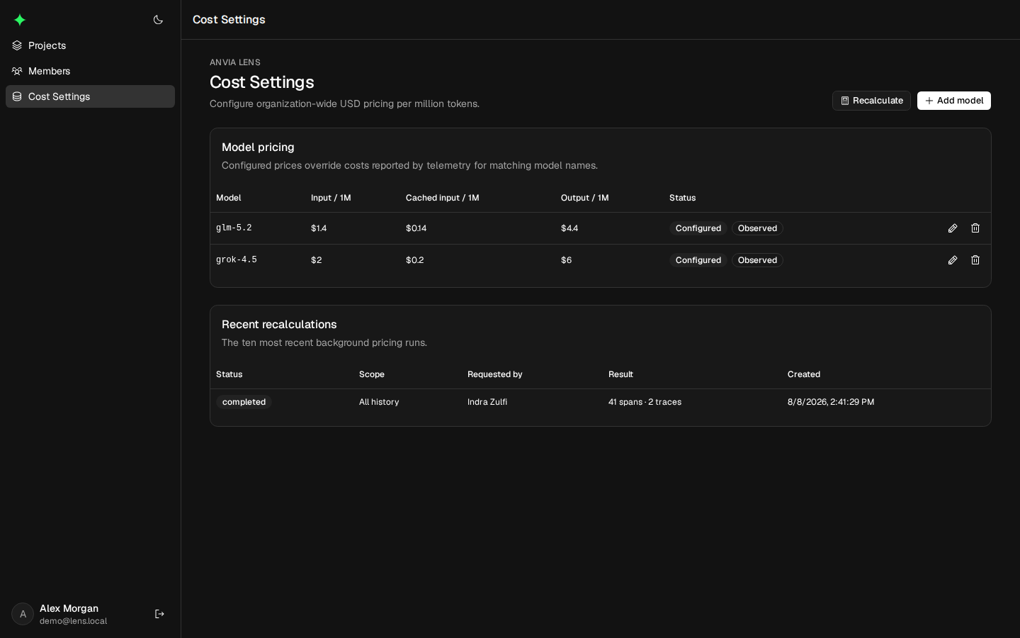 Anvia Lens Cost Settings table showing observed model names, input, cached-input, and output prices with configuration status