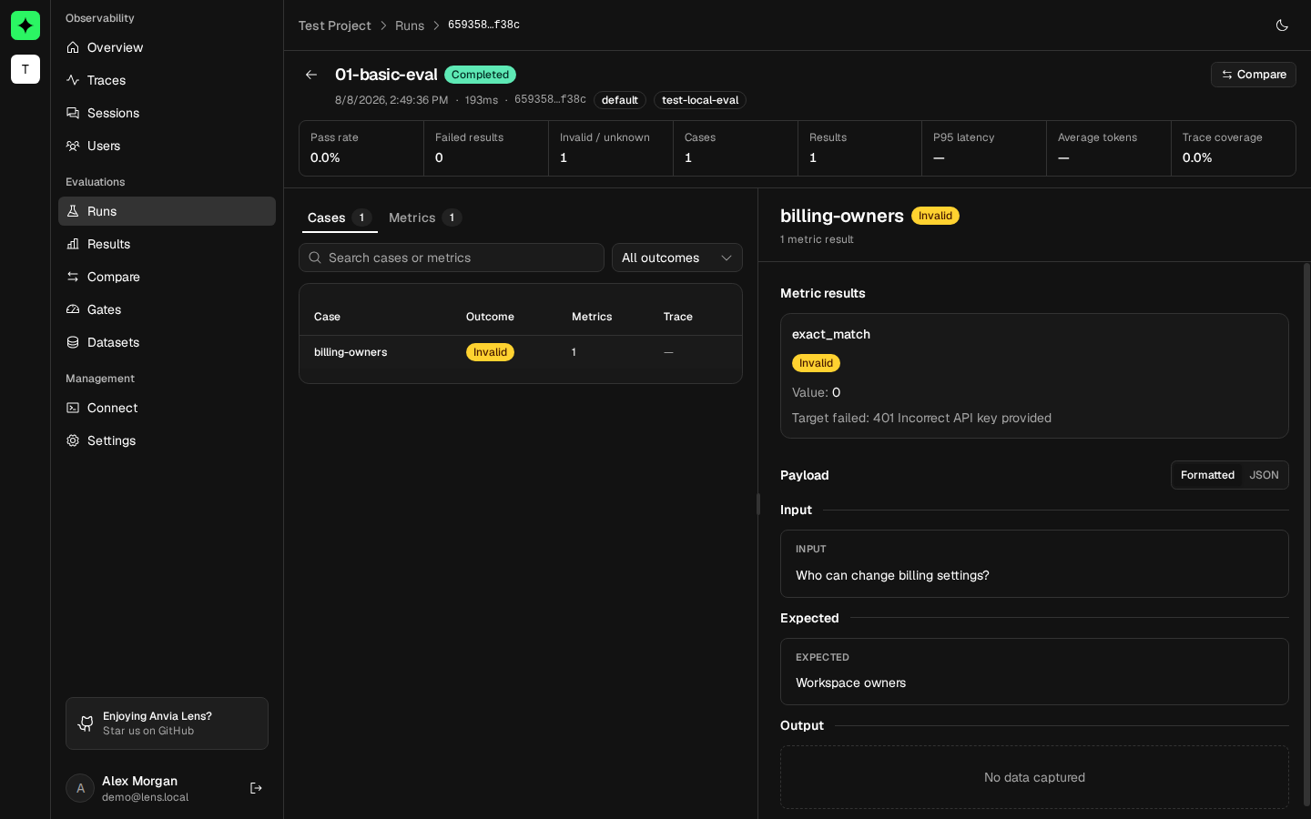 Anvia Lens evaluation run detail showing run metrics, a selected case, an invalid metric explanation, and captured input and expected payloads
