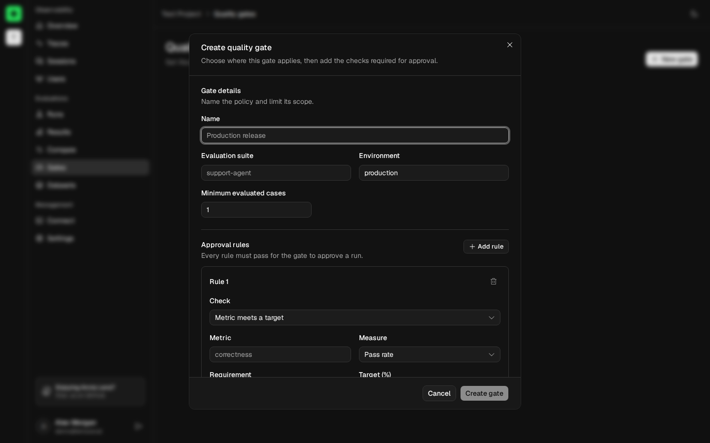 Anvia Lens quality gate editor with suite and environment scope, minimum case count, and a metric target approval rule
