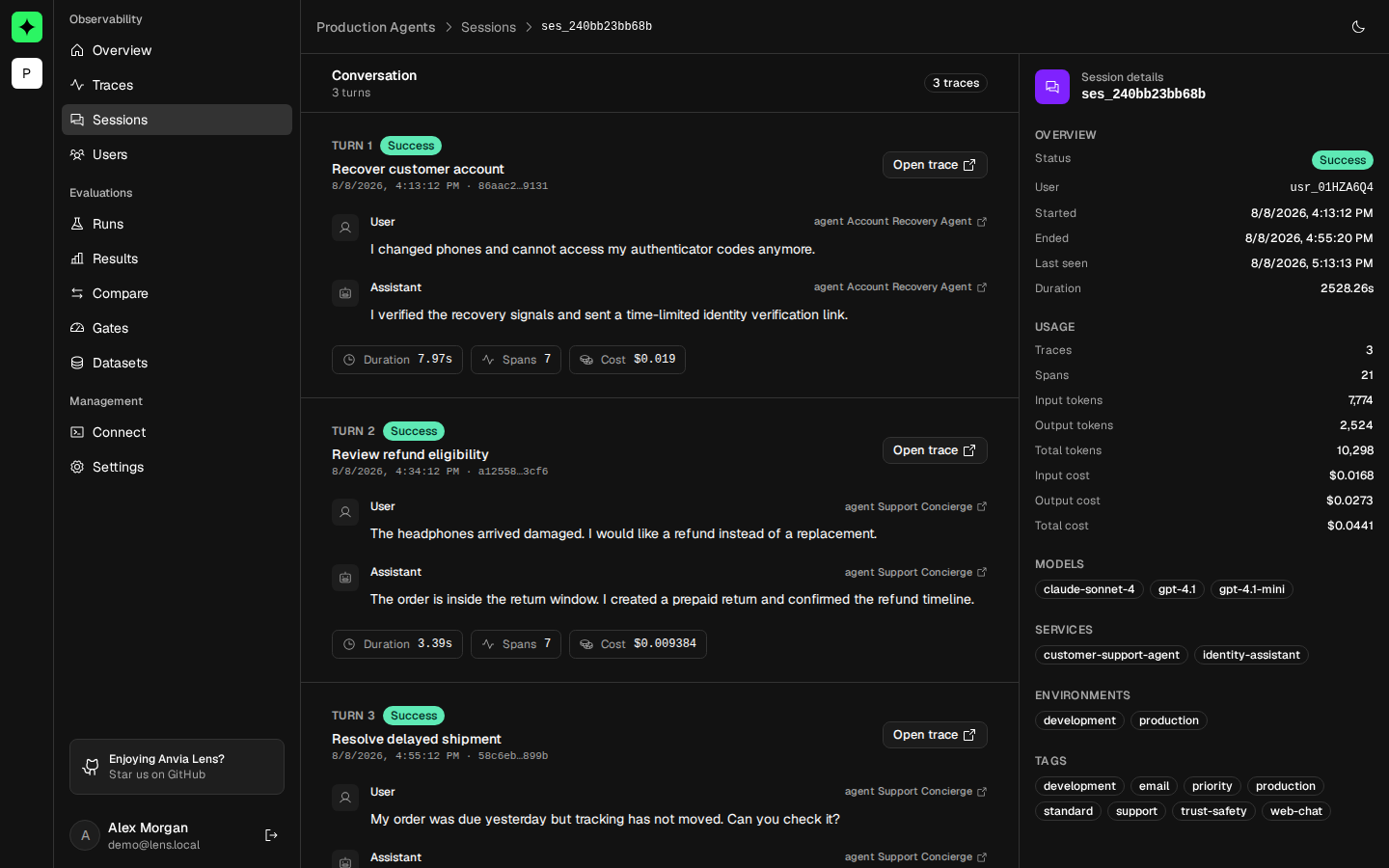 Anvia Lens session detail showing three conversation turns and aggregate session status, timing, token, cost, model, service, environment, and tag metadata