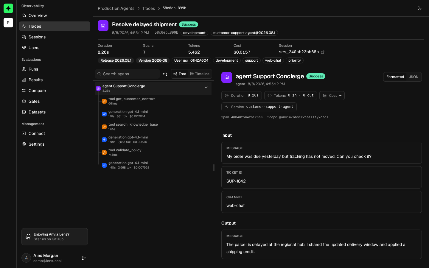 Anvia Lens trace detail showing a nested agent span tree and the formatted input, output, metadata, duration, token, and service inspector