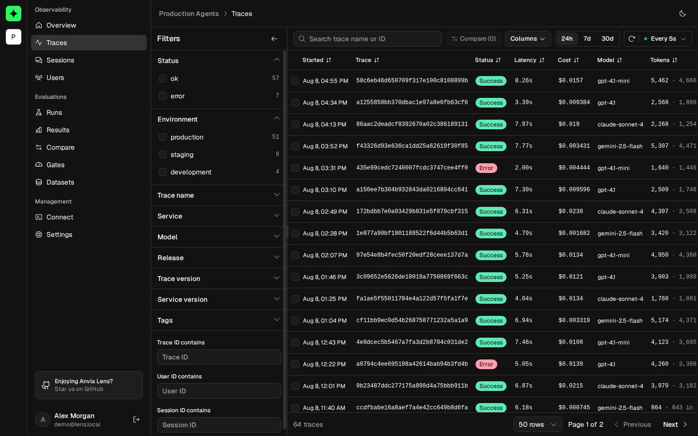 Anvia Lens trace explorer with the filter panel open and a table of full trace IDs, status, latency, cost, model, and token values